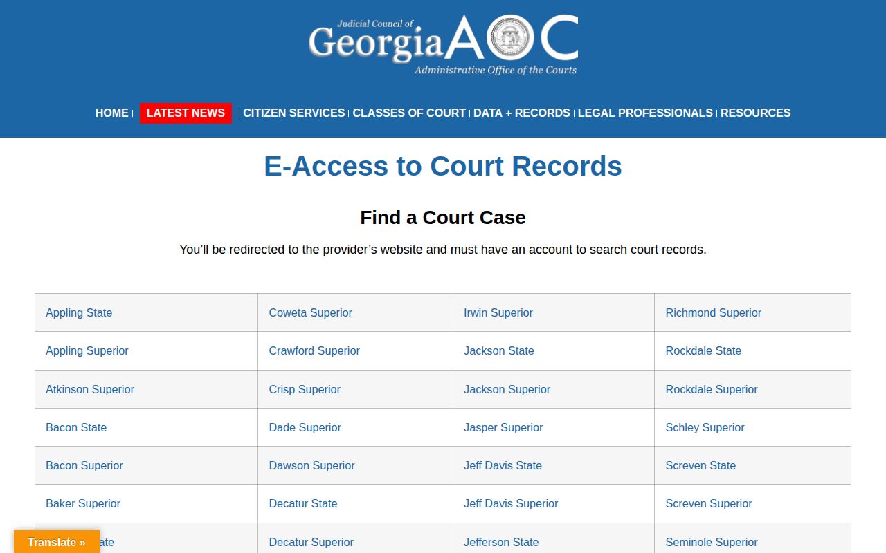 Georgia Courts electronic court records access page