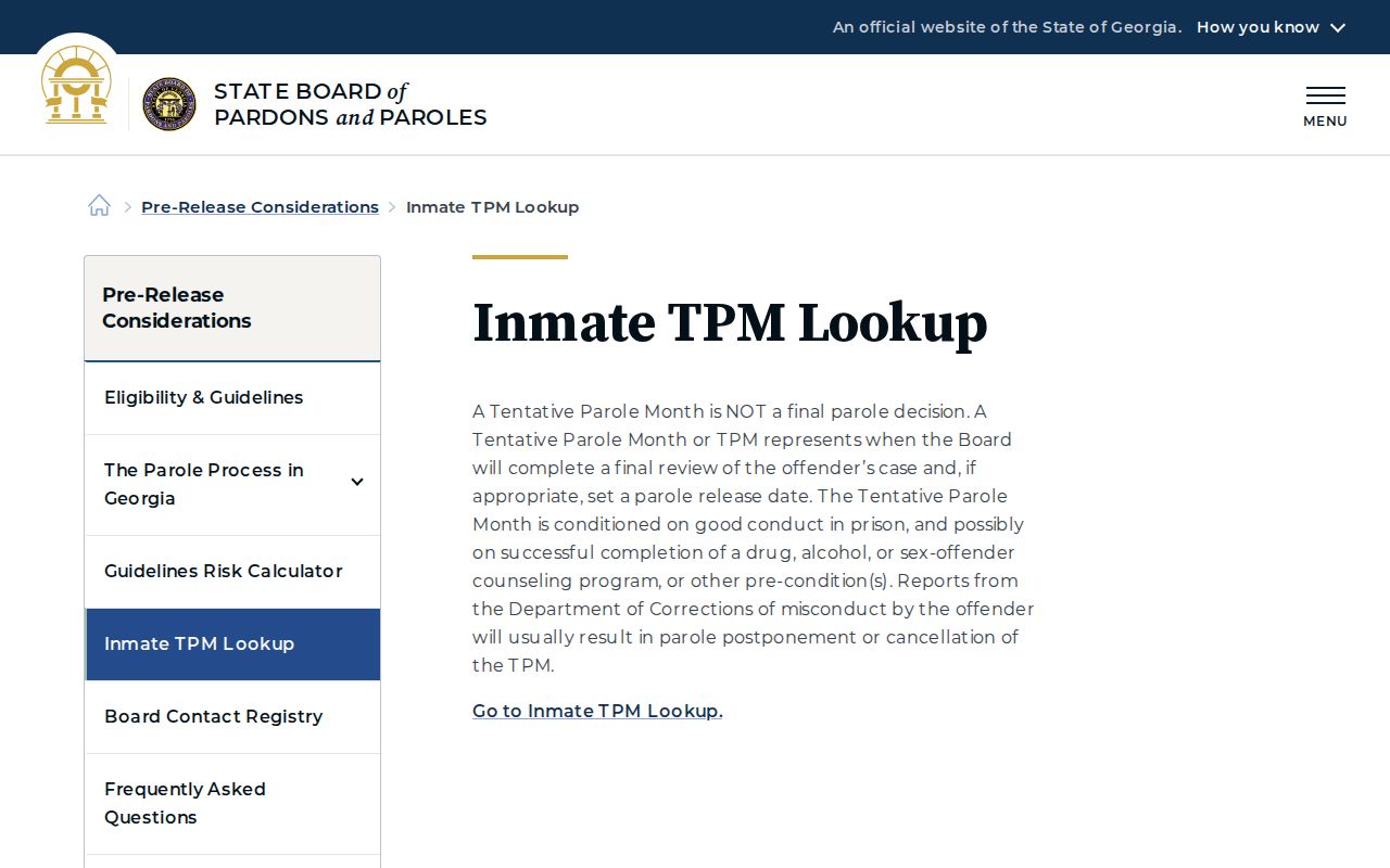 Georgia Parole Board explanation of a Tentative Parole Month