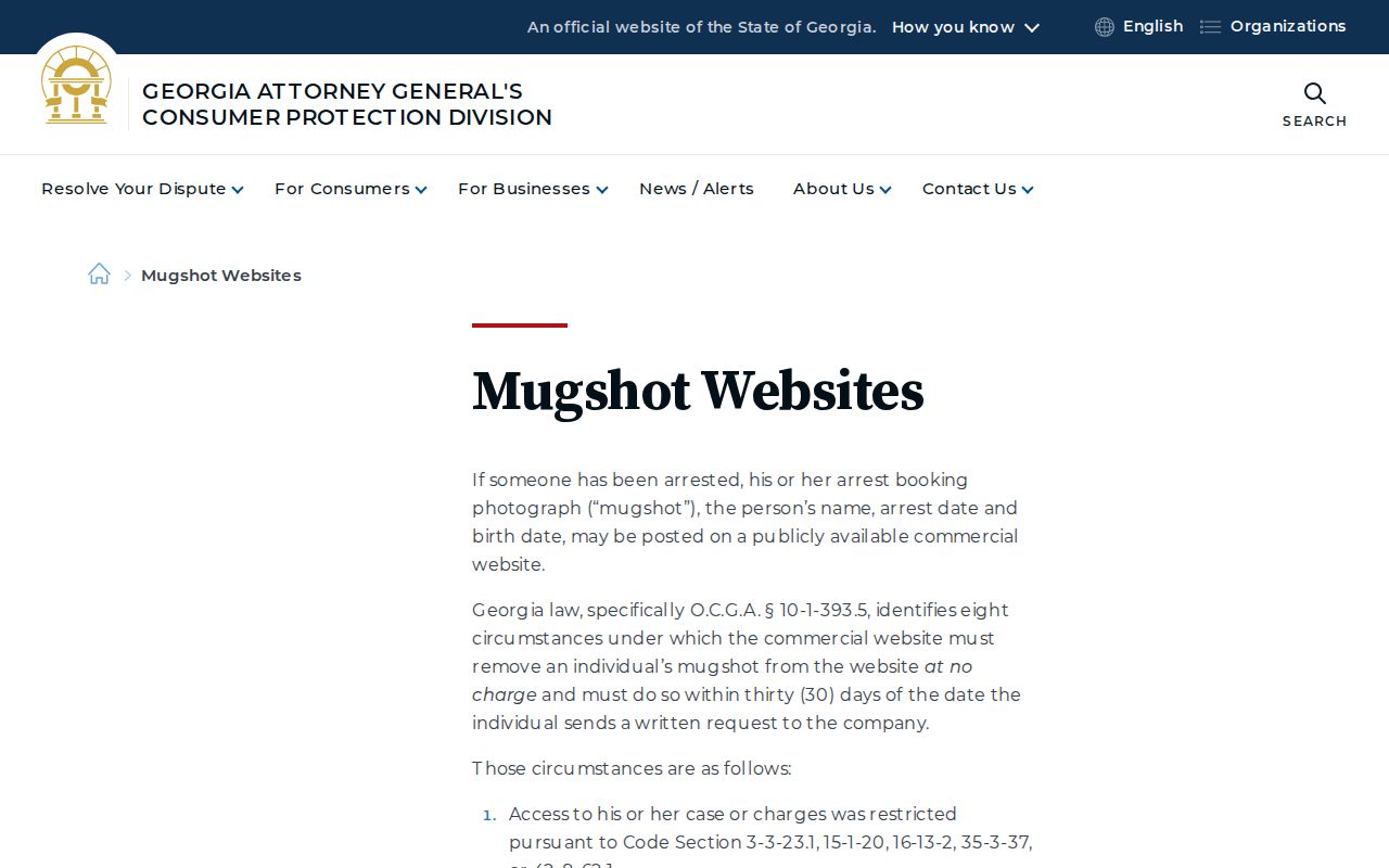 Georgia Attorney General guidance for Lincoln County release mugshot removal