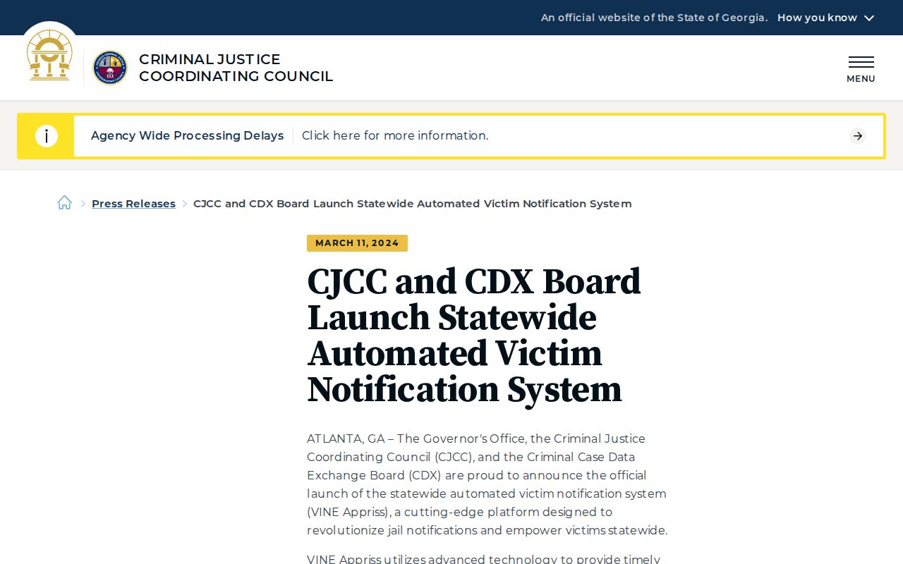 Georgia CJCC statewide automated VINE notification announcement